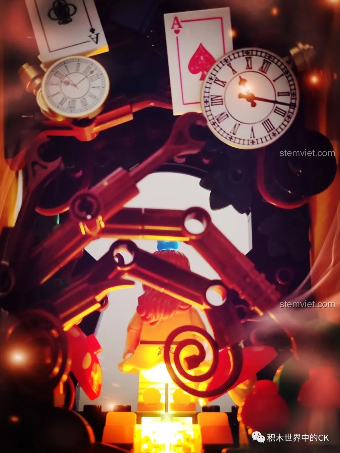 Hiệu ứng ánh sáng lung linh từ bên trong mô hình sách đồ chơi lắp ráp Wekki 506172 Sách Truyện Alice ở Xứ Sở Thần Tiên, tạo không gian huyền ảo.