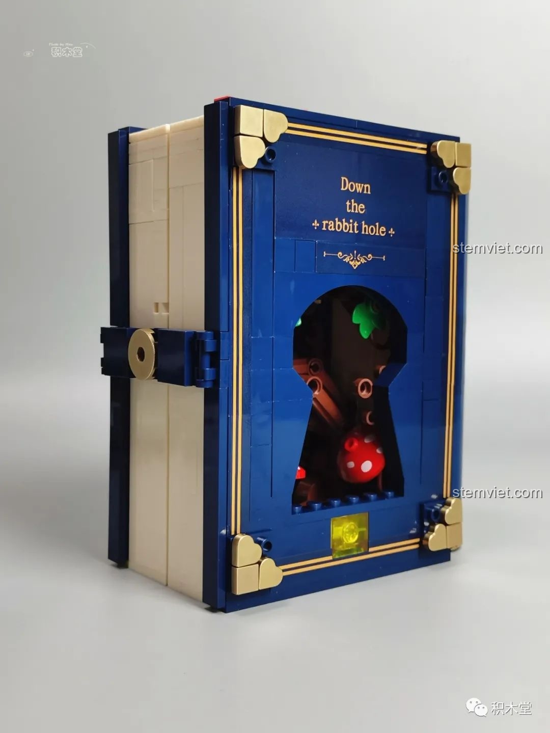 Mặt sau của mô hình sách Wekki 506172 Sách truyện Alice ở xứ sở thần tiên khi đóng lại, với chi tiết lỗ khóa độc đáo.