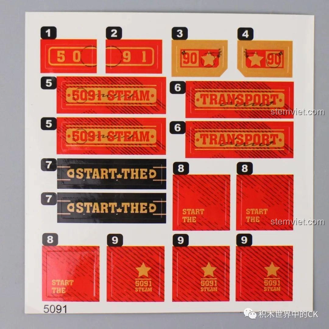 Tấm decal của bộ lắp ghép Winner 5091 Tàu Hỏa Hơi Nước Thành Phố, với các chi tiết được cắt chính xác và màu sắc chuẩn.