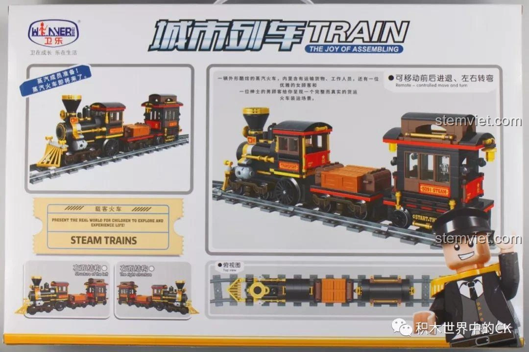 Mặt sau hộp bộ đồ chơi lắp ráp Winner 5091 Tàu Hỏa Hơi Nước Thành Phố, với các góc nhìn khác nhau của mô hình.