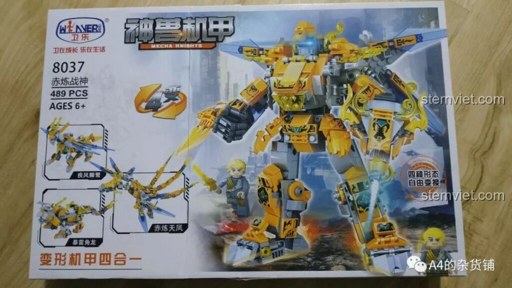 Hộp đồ chơi lắp ráp Winner 8037 Thần Thú Cơ Giáp: Xích Luyện Chiến Thần, hiển thị robot và các dạng biến hình. Review Winner 8037 Robot biến hình.