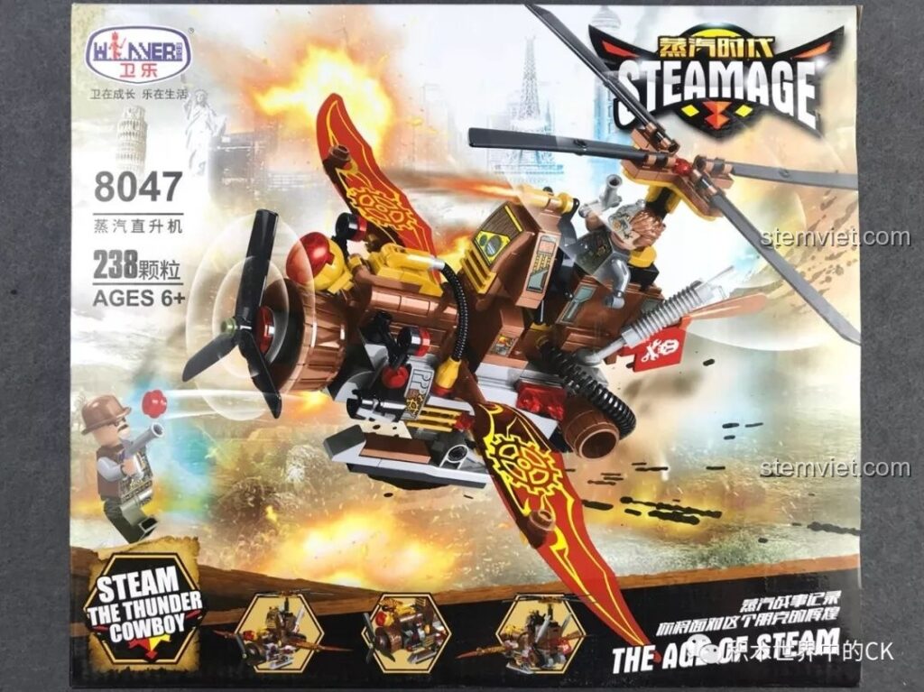 Hộp đồ chơi lắp ráp Winner 8047 Trực thăng Hơi nước Steampunk với hình ảnh mô hình bay lượn và thông số sản phẩm.