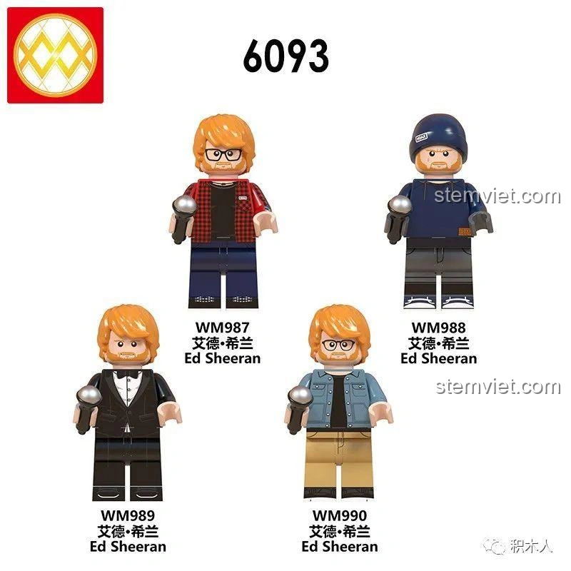 Hình ảnh tổng quan bộ 4 minifigure Ed Sheeran WM 6093 với các mã WM987, WM988, WM989, WM990. Review WM 6093 Nhân vật Ed Sheeran.
