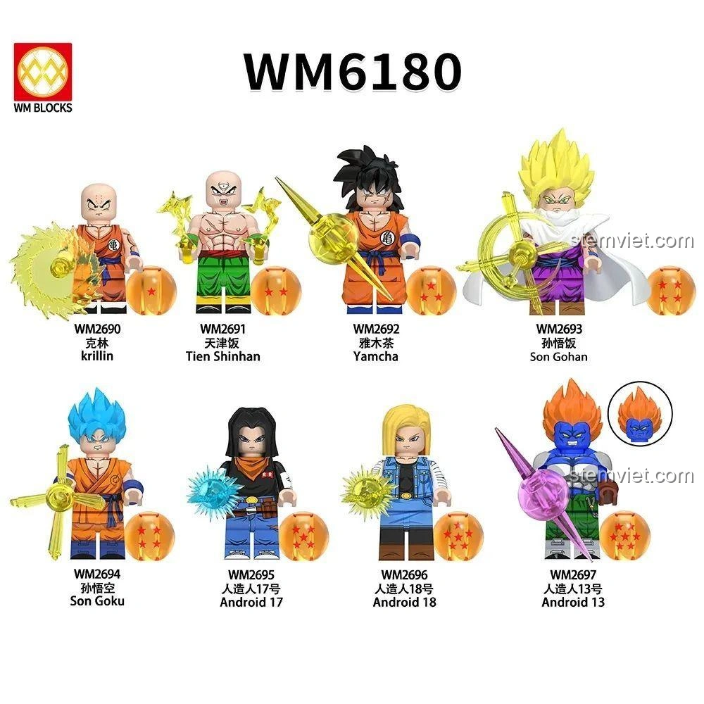 Hình ảnh tổng quan bộ 8 minifigure Dragon Ball Z WM6180 từ hãng WM Blocks, bao gồm Krillin, Thiên Tân Phạn, Yamcha, Son Gohan, Son Goku, Android 17, Android 18, Android 13.