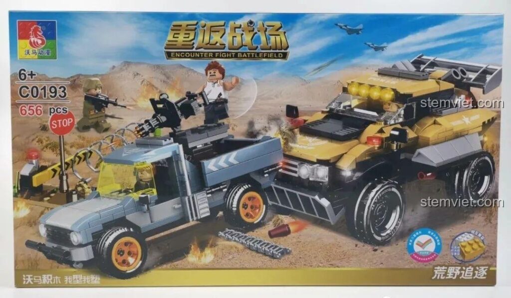 Hộp đồ chơi lắp ráp WOMA C0193 Trở lại chiến trường: Truy đuổi hoang dã với hình ảnh 2 xe chiến đấu và 4 minifigure cực ngầu, mã số C0193, 656 chi tiết, độ tuổi 6+.