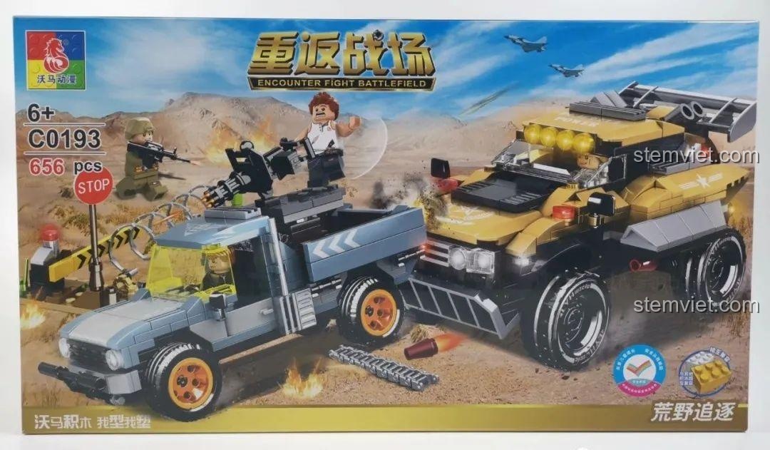 Hộp đồ chơi lắp ráp WOMA C0193 Trở lại chiến trường: Truy đuổi hoang dã với hình ảnh 2 xe chiến đấu và 4 minifigure cực ngầu, mã số C0193, 656 chi tiết, độ tuổi 6+.