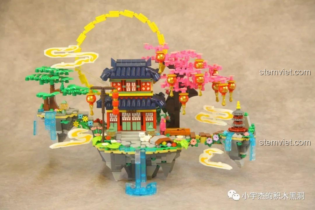 Cận cảnh hiệu ứng thác nước chảy xiết trong bộ lắp ráp WOMA C0349 Túy Hoa Các, tạo cảm giác sống động và chân thực.