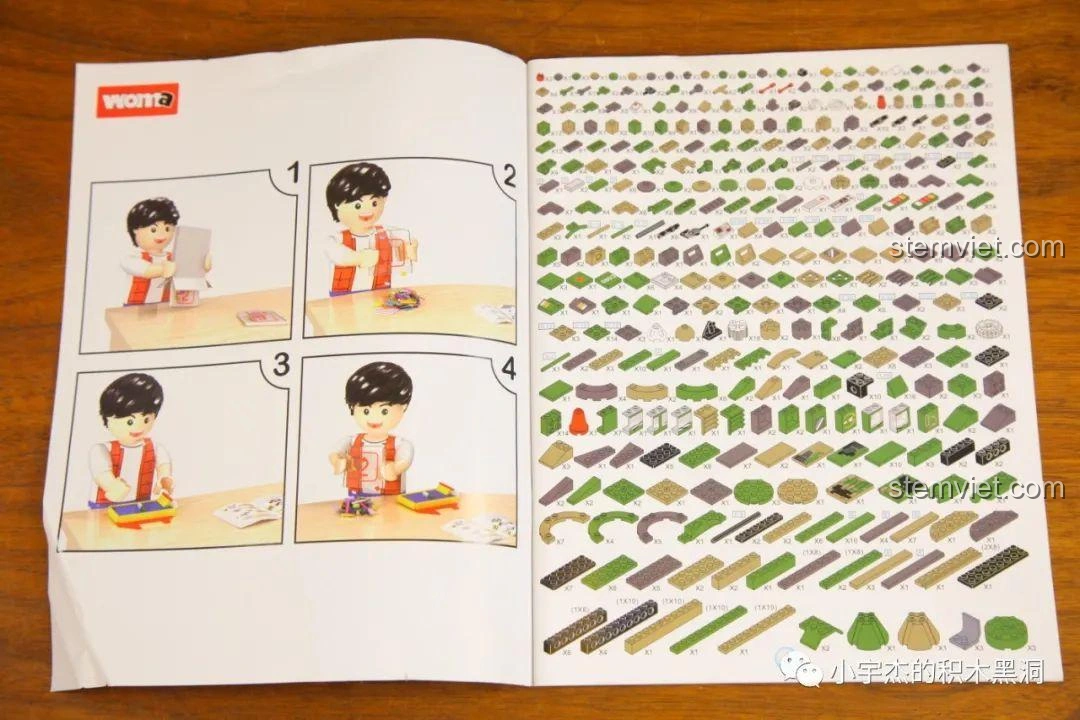 Trang đầu tiên của sách hướng dẫn lắp ráp bộ lắp ghép Mô hình tên lửa chiến lược WOMA, bao gồm hướng dẫn cơ bản và danh sách các mảnh ghép chi tiết.