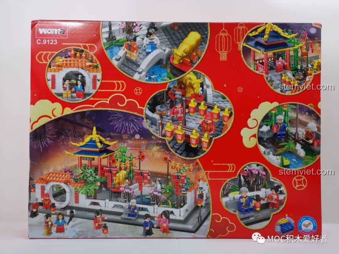 Mặt sau hộp đồ chơi WOMA C9123 Mô hình vườn cổ trang, hiển thị các góc cận cảnh chi tiết của sa bàn sau khi lắp.