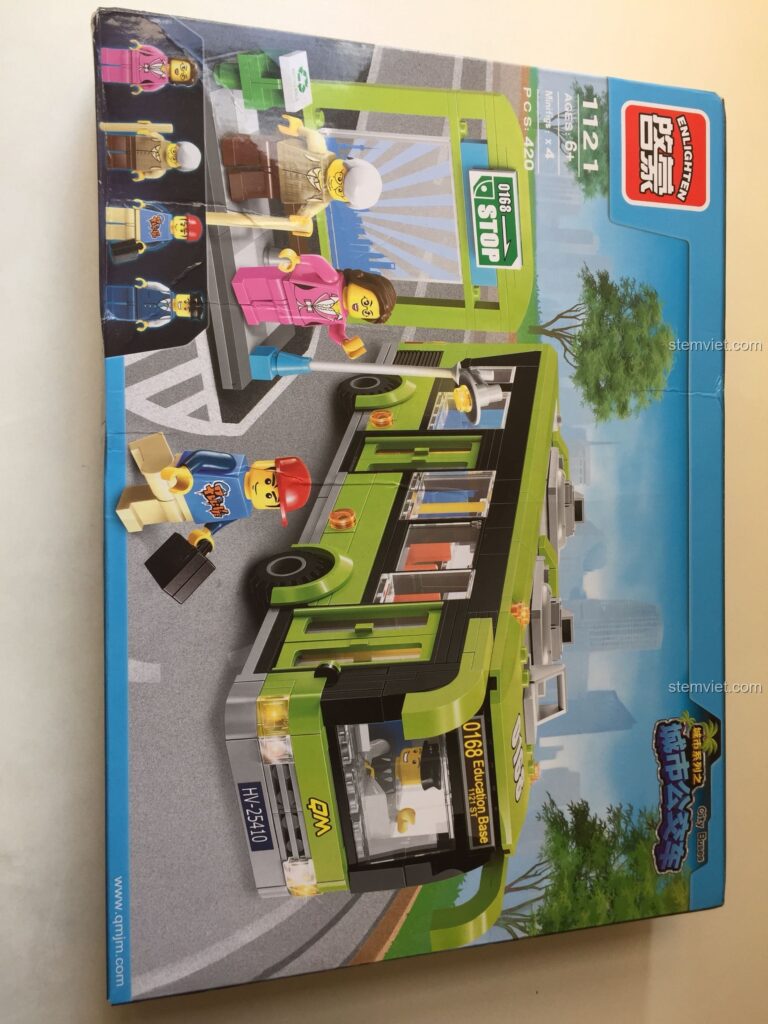 Hộp sản phẩm Xe buýt thành phố ENLIGHTEN 1121 với hình ảnh xe buýt và các nhân vật