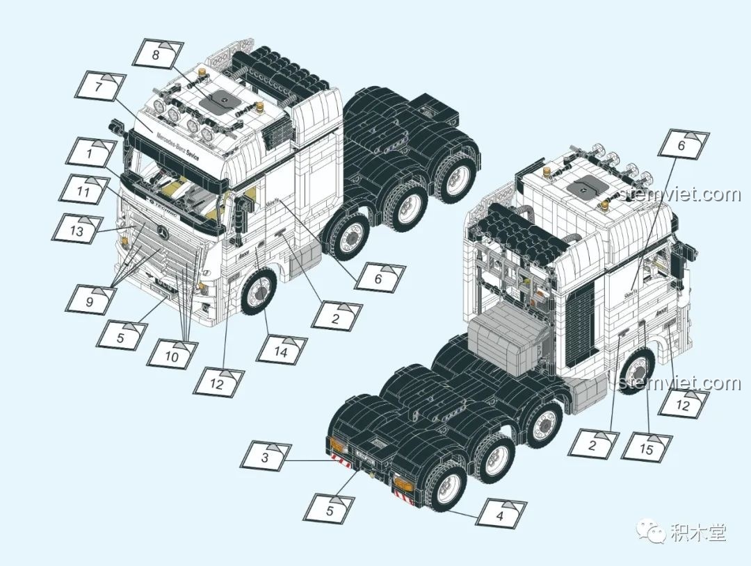 Sơ đồ vị trí dán sticker trong sách hướng dẫn của đồ chơi xây dựng Xe Đầu Kéo Điều Khiển Từ Xa 007.