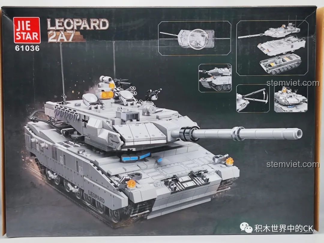 Mặt sau hộp bộ lắp ráp xe tăng Leopard 2A7 JIESTAR 61036, giới thiệu các tính năng xoay tháp pháo và chi tiết.