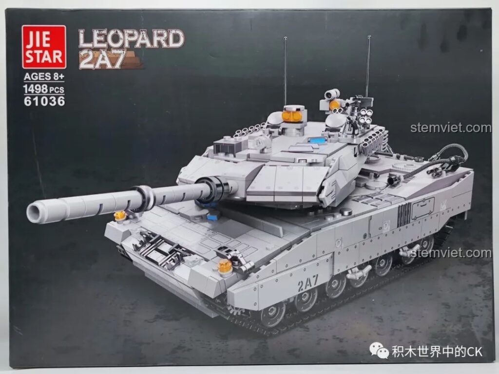 Hộp bộ lắp ráp xe tăng Leopard 2A7 JIESTAR 61036 với hình ảnh xe tăng mạnh mẽ, thông tin chi tiết số mảnh ghép.