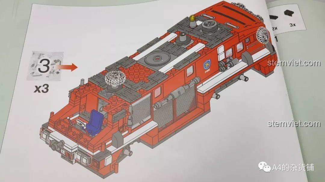Minh họa việc sử dụng hai mảnh 1x2 thay vì một mảnh 2x2 trong đồ chơi lắp ráp Xe cứu hỏa cho con trai 6 tuổi, gây nghi vấn về số lượng chi tiết.