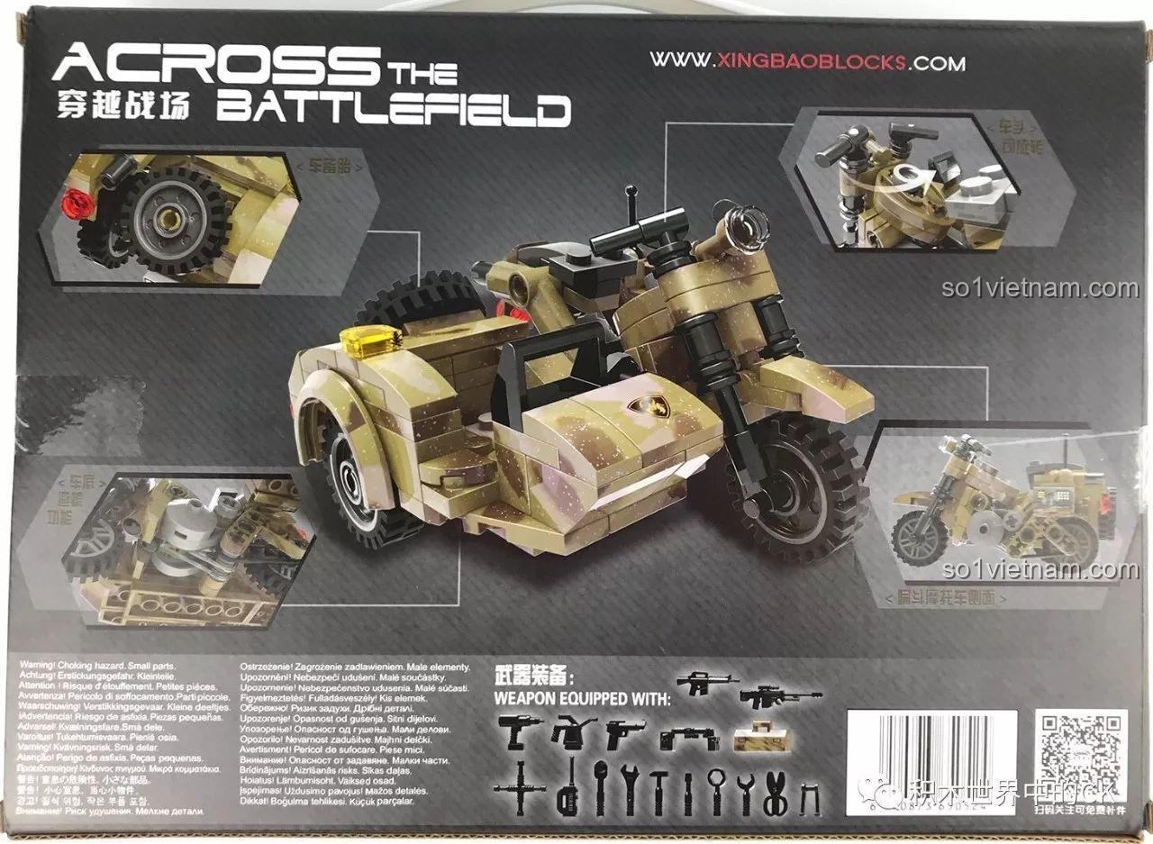 Mặt sau hộp Xingbao XB-06008 Across the Battlefield, hiển thị các góc chi tiết của mô tô và phụ kiện vũ khí.