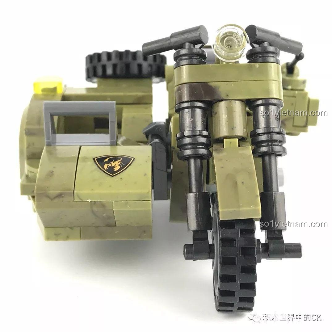 Mô tô quân sự Xingbao XB-06008 nhìn từ trên xuống, tổng thể thiết kế và thùng bên.