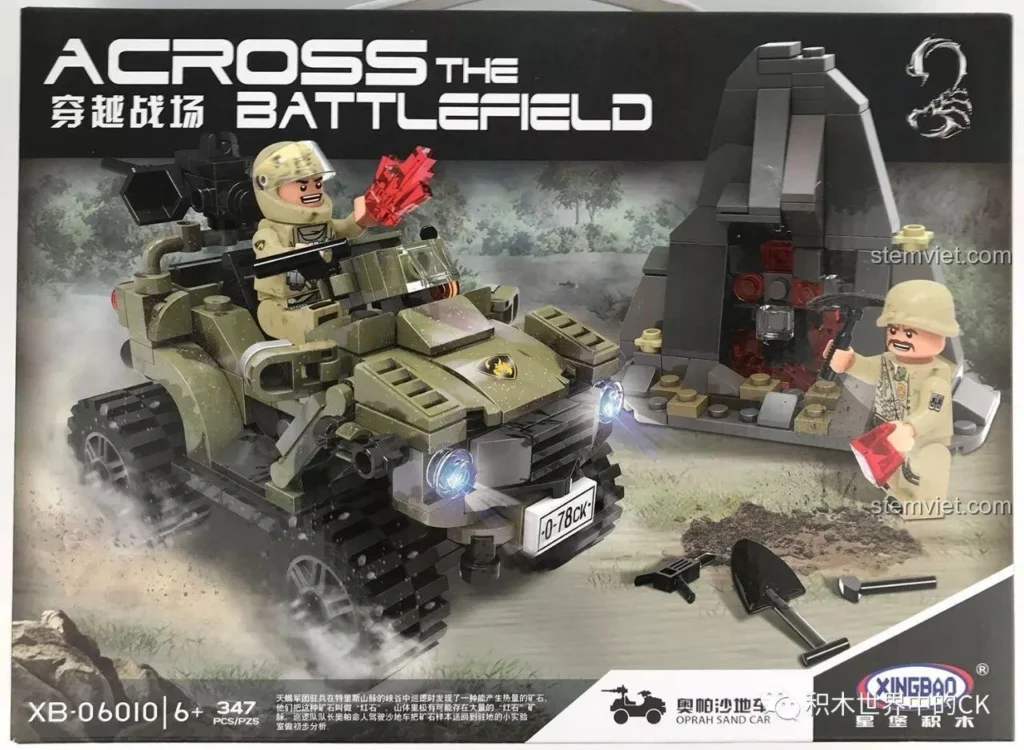 Hộp đồ chơi lắp ráp Xingbao XB-06010 Xe Địa Hình Sa Mạc Oprah (Across The Battlefield) với hình ảnh xe và nhân vật.
