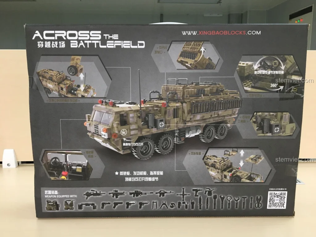 Mặt sau hộp bộ lắp ráp XINGBAO XB-06014 Xe Tải Quân Sự Thiên Hạt, hiển thị các tính năng và chi tiết nổi bật của mô hình xe tải quân sự.