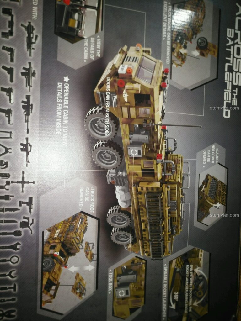 Mặt bên hộp bộ lắp ráp Xe Tải Quân Sự Thiên Hạt XINGBAO XB-06014, hiển thị các tính năng chi tiết của mô hình.