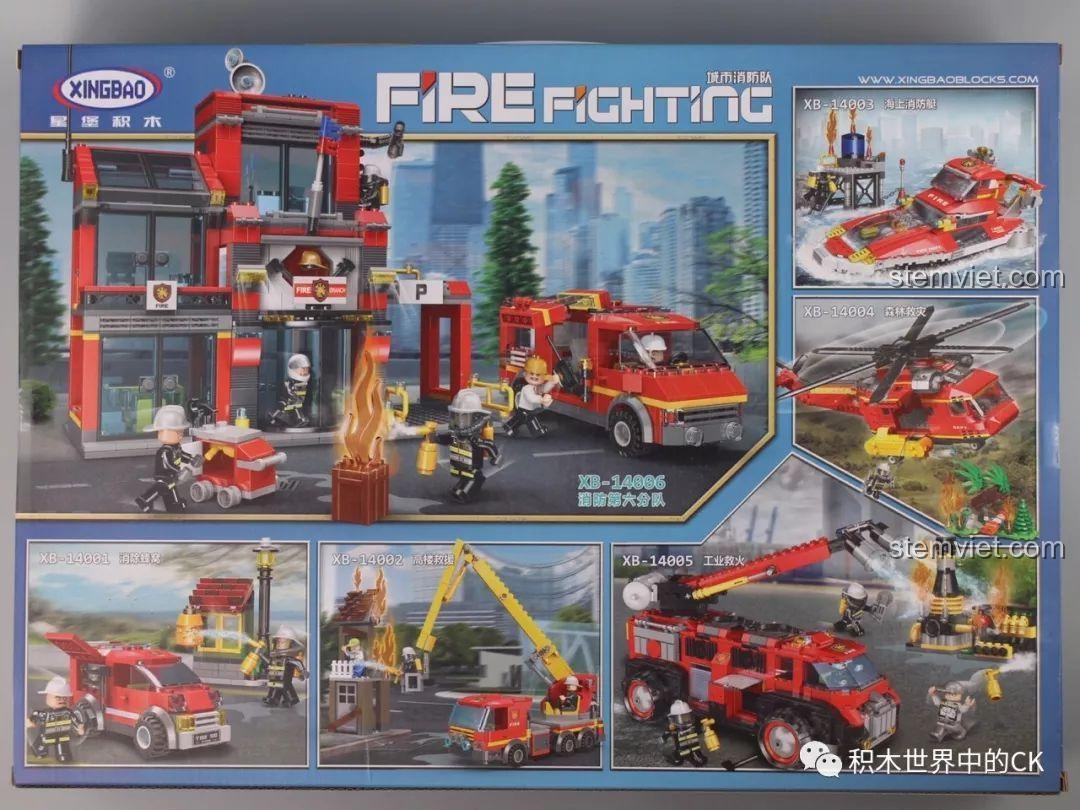 Mặt sau hộp XINGBAO XB-14006 hiển thị các bộ khác trong dòng City Firefighting.