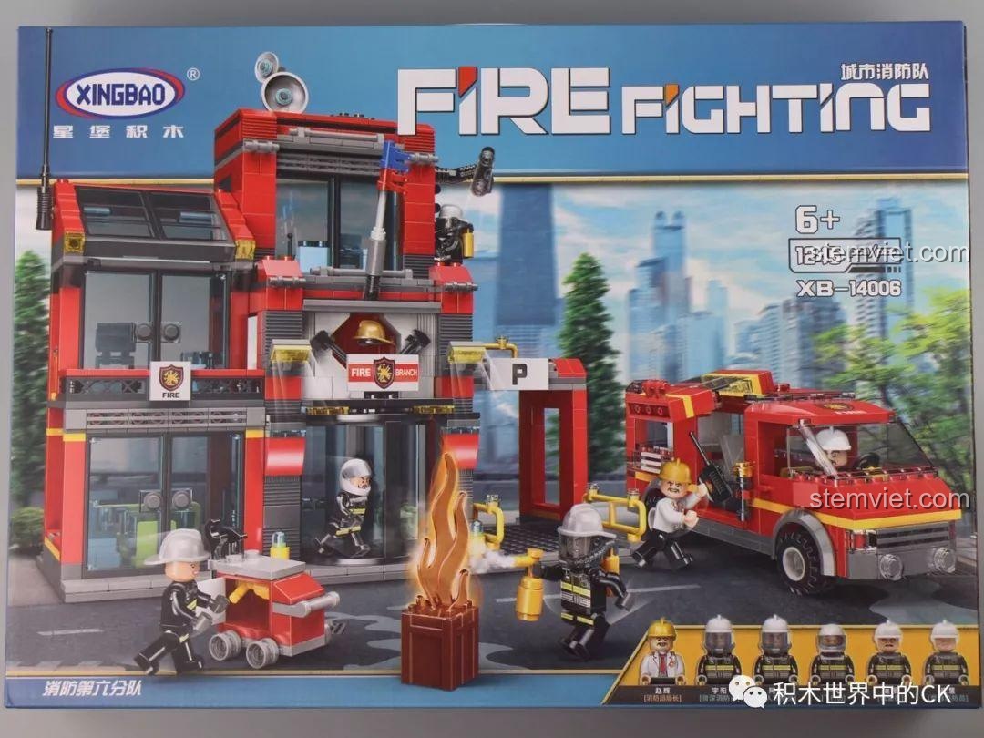 Hộp sản phẩm Trạm Cứu Hỏa Lớn XINGBAO XB-14006 với hình ảnh mô hình hoàn chỉnh và các phương tiện đi kèm.