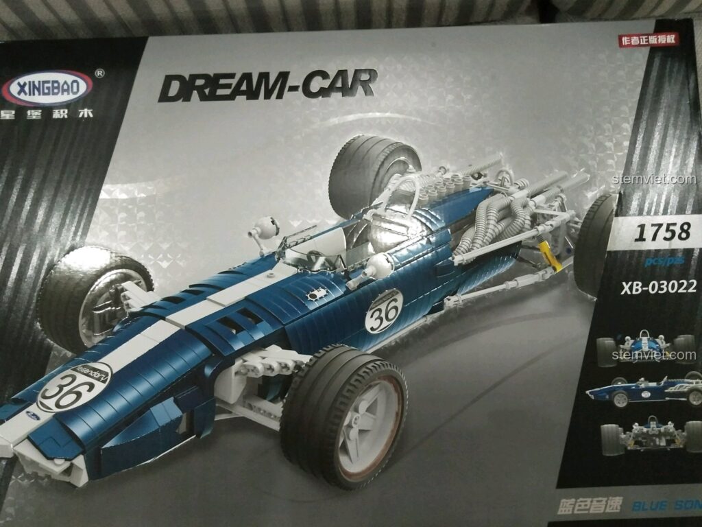 Hộp sản phẩm bộ lắp ráp XINGBAO XB-03022 Xe đua F1 Blue Sonic với hình ảnh mô hình xe đua chi tiết, số mảnh ghép 1758.