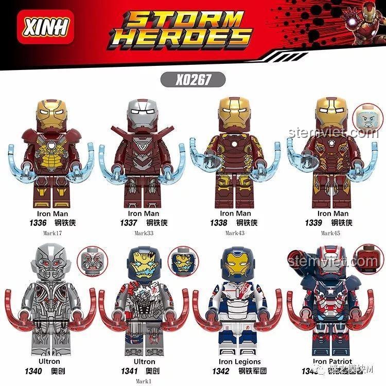 Tổng quan bộ 8 minifigure Người Sắt, Ultron, Quân Đoàn Sắt XINH X0267, review chi tiết.