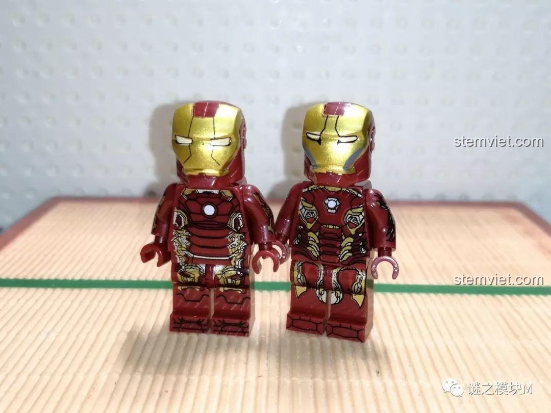 Hai minifigure Người Sắt Mark 43 và Mark 45 trong bộ XINH X0267, so sánh.