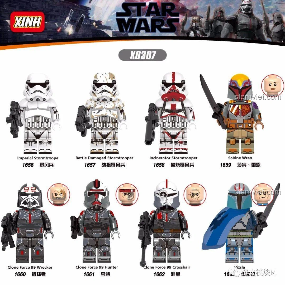 Bộ 8 Minifigure Star Wars XINH X0307 với các nhân vật Imperial Stormtrooper, Vizsla, Sabine Wren, Biệt đội Bad Batch.