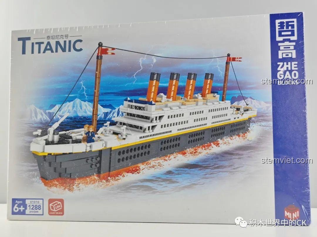 Mặt trước hộp bộ lắp ráp Tàu Titanic Zhe Gao 01010 với hình ảnh con tàu hoành tráng và thông tin 1288 mảnh ghép.