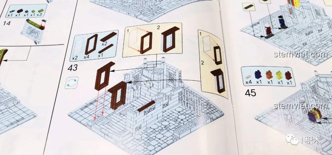 Một trang hướng dẫn lắp ráp chi tiết trong sách của bộ Tòa Nhà Góc Phố Đa Năng Zhe Gao QL0919, minh họa từng bước.
