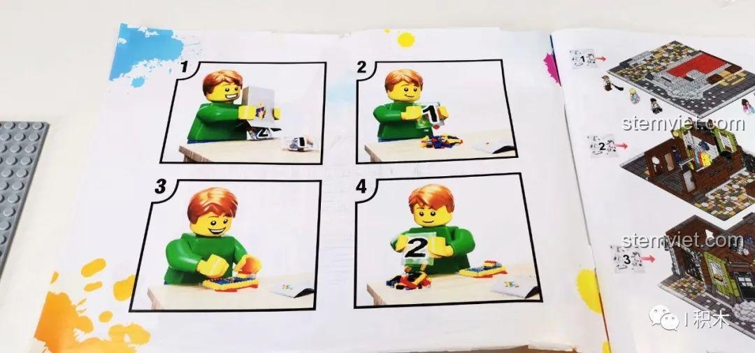 Trang hướng dẫn mở túi chi tiết trong sách của bộ lắp ghép Tòa Nhà Góc Phố Đa Năng Zhe Gao QL0919, minh họa rõ ràng.