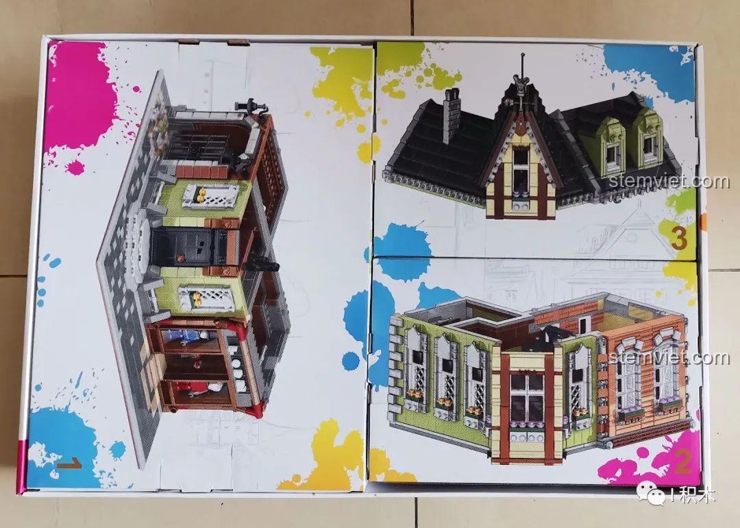 Bên trong hộp bộ lắp ghép Tòa Nhà Góc Phố Đa Năng Zhe Gao QL0919, các hộp nhỏ được phân chia rõ ràng theo từng tầng.