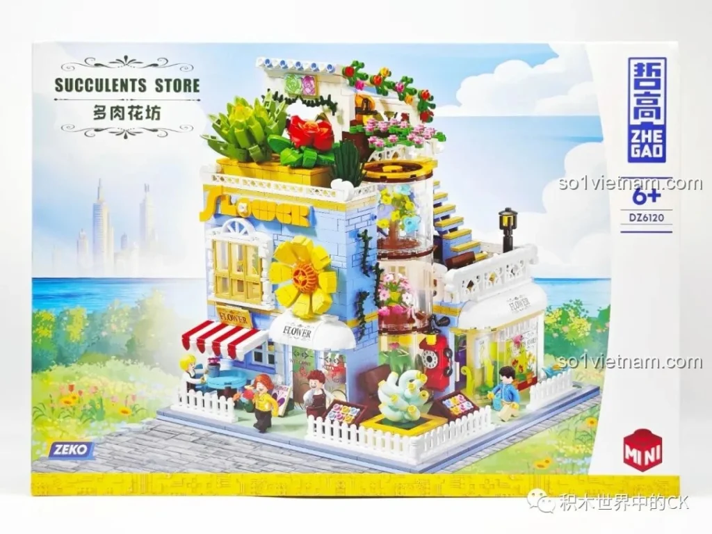 Hộp sản phẩm ZHEGAO DZ6120 Cửa hàng cây mọng nước với hình ảnh mô hình hoàn chỉnh, màu sắc tươi tắn, thu hút bé gái.