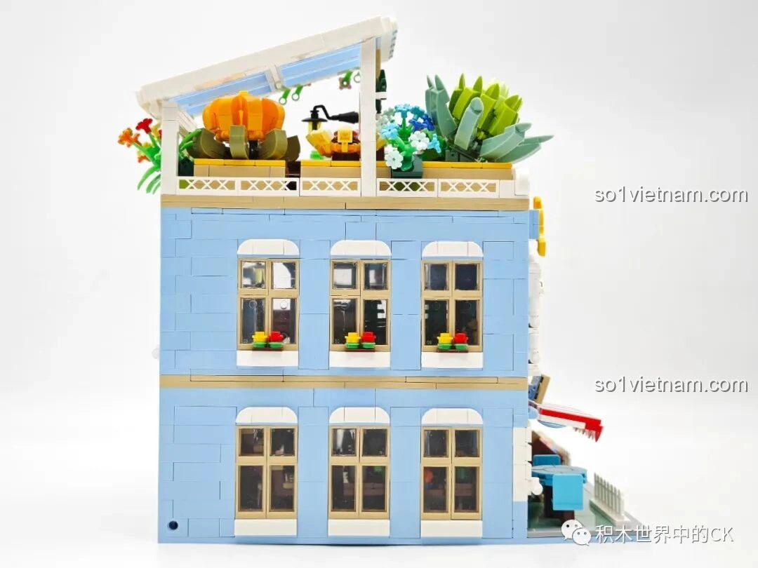 Góc nhìn khác từ phía sau của ZHEGAO DZ6120 Nhà hoa mọng nước, tập trung vào các chi tiết cửa sổ và tường.