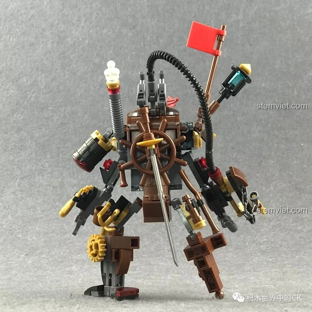 Robot Chiến Binh Hơi Nước Winner 8040 nhìn từ phía sau, nổi bật với các chi tiết ống khói và bánh lái.