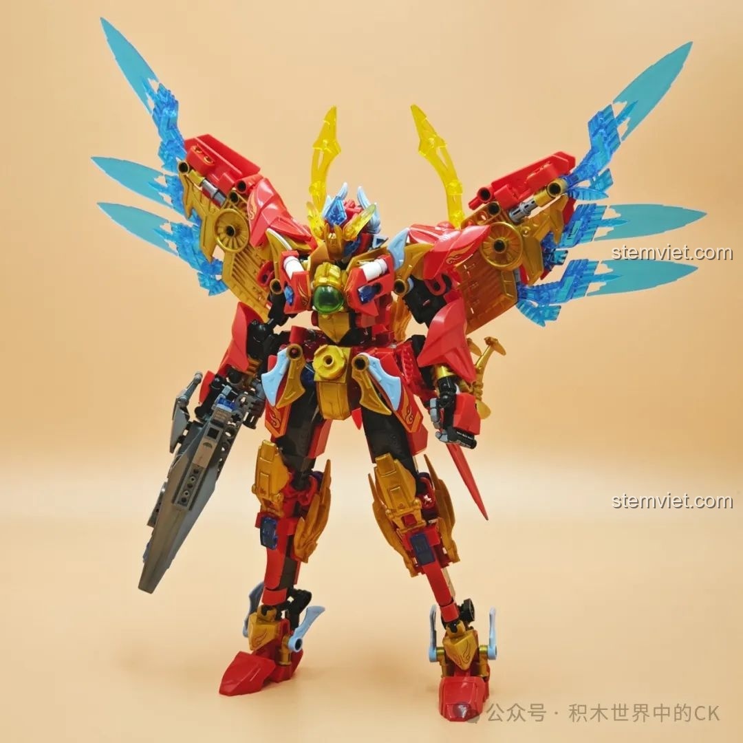 Mô hình Robot Chu Tước F5-A0003 hoàn chỉnh ở dạng mecha, trang bị vũ khí và đôi cánh xanh băng ấn tượng.