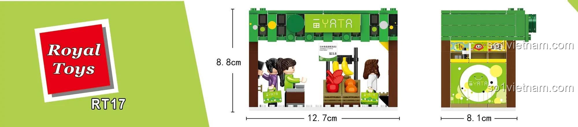 Kích thước chi tiết của bộ lắp ghép Quầy hàng siêu thị mini RT17: dài 12.7cm, cao 8.8cm, rộng 8.1cm.