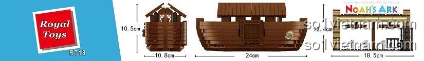 Hình ảnh thể hiện kích thước chi tiết của mô hình Tàu Noah RT18 và cổng chào. Tàu dài 24cm, cao 10.5cm, rộng 10.8cm. Cổng chào dài 18.5cm, cao 12.4cm.