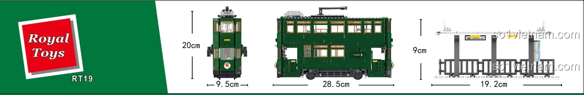 Kích thước chi tiết của mô hình Xe điện Hồng Kông RT19, dài 28.5cm, cao 20cm.