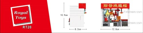 Kích thước chi tiết của đồ chơi mô hình Tiệm thịt quay Hồng Kông Royal Toys RT20, cao 10.9cm, dài 12.8cm, rộng 8.2cm.