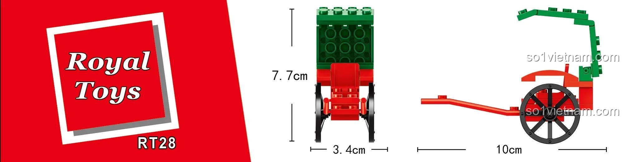 Hình ảnh thể hiện kích thước chi tiết của mô hình Phương tiện giao thông xưa RT28 sau khi lắp ráp: dài 10cm, rộng 3.4cm, cao 7.7cm.
