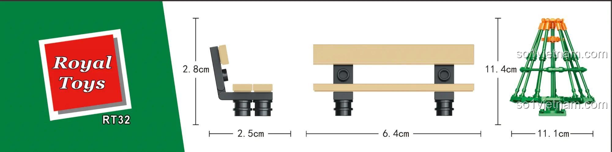 Hình ảnh thể hiện kích thước chi tiết của bộ lắp ghép Royal Toys RT32, bao gồm vòng quay cao 11.4cm và ghế dài 6.4cm.