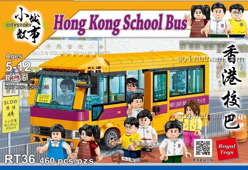 Hộp sản phẩm đồ chơi mô hình Royal Toys RT36, bộ xếp hình xe buýt trường học Hồng Kông với 460 mảnh ghép, giá rẻ.