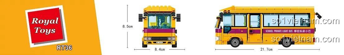 Thông số kích thước chi tiết của đồ chơi mô hình Royal Toys RT36: dài 21.7cm, rộng 8.4cm, cao 8.5cm.