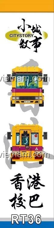 Hình ảnh chi tiết mặt trước và mặt sau của Mô hình xe buýt học sinh RT36 sau khi lắp ráp, thể hiện thiết kế tinh xảo.