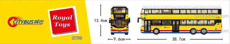 Kích thước chi tiết của bộ lắp ghép Xe buýt công cộng Hồng Kông RT39, dài 38.7cm.