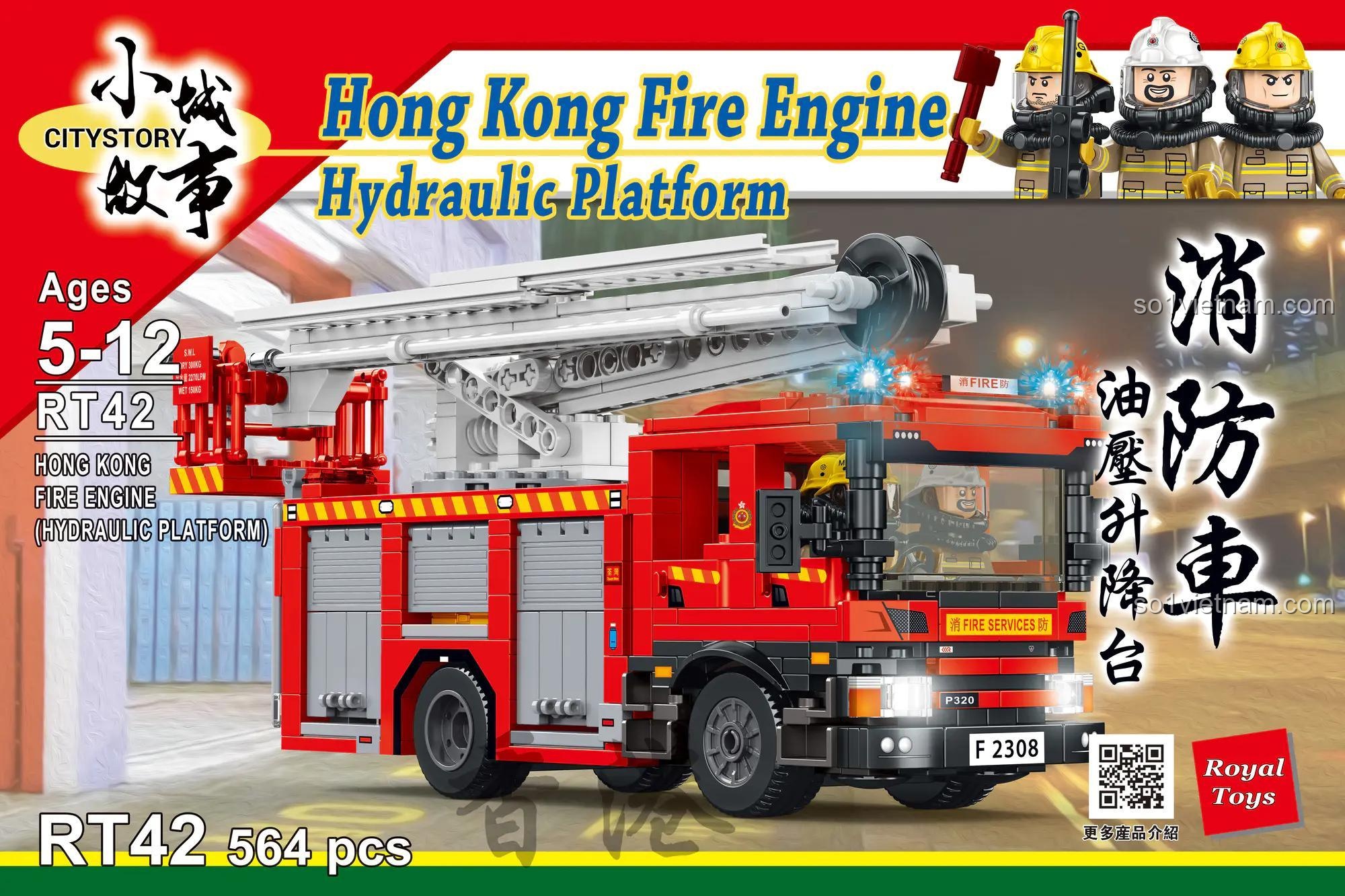 Hình ảnh thể hiện kích thước chi tiết của Xe Cứu Hỏa Có Thang Nâng RT42 sau khi lắp ráp: dài 25.9cm, cao 14.8cm, rộng 9.5cm.