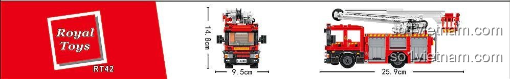 Góc nhìn từ phía trước và phía sau của bộ lắp ráp Xe Chữa Cháy Hồng Kông Royal Toys, thể hiện chi tiết thiết kế.