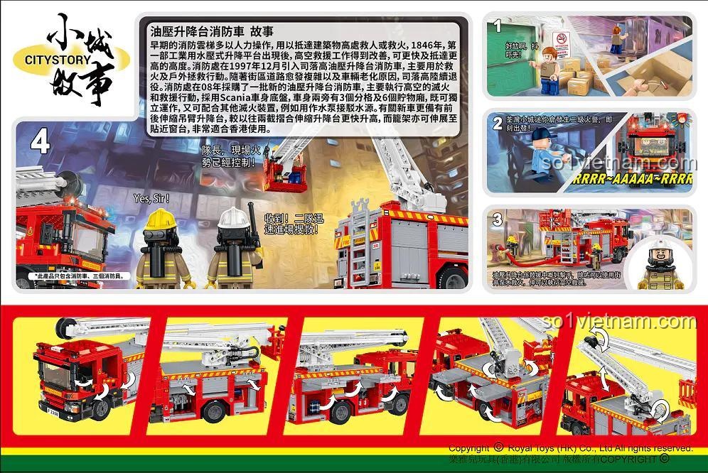 Hình ảnh mô tả các tính năng của đồ chơi mô hình Xe Chữa Cháy Hồng Kông RT42, bao gồm thang nâng và các minifigure lính cứu hỏa.